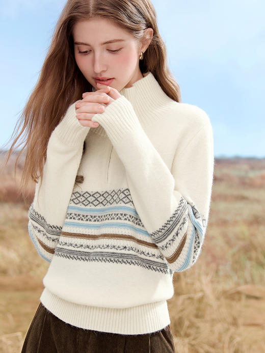 【百图lulu定制】【奶油毛衣】 费尔岛纹毛衣女秋冬经典提花针织衫可翻领柔软毛衫 商品图1