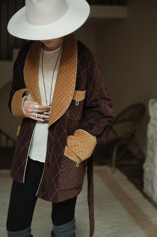 50's英伦绅士｜丝绒棕黄撞色夹棉套装｜手工拧绳 商品图1