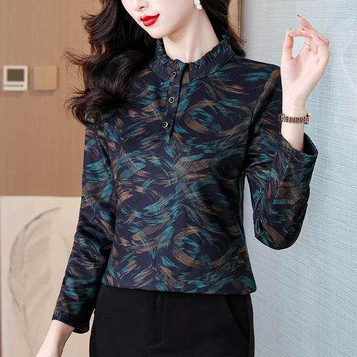 KQL E333N3153半高领印花上衣荷叶领打底衫大码T恤 商品图0