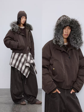 半圆/D51111126/拼接羊毛领宽松短款羽绒服