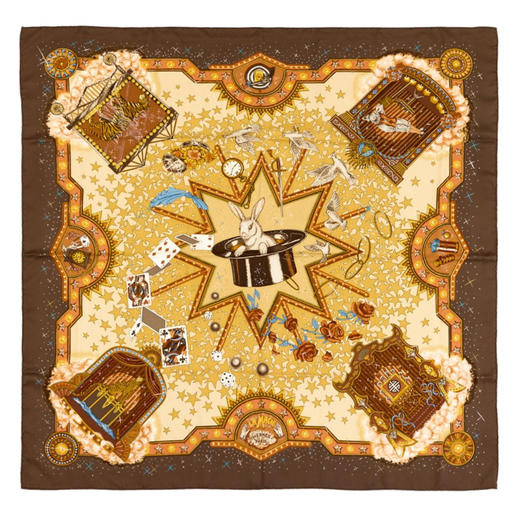 独角鹿西洋古董1999年法国爱马仕出品Claudia Stuhlhofer-Mayr设计《魔法》主题棕色款丝绸方巾 商品图0