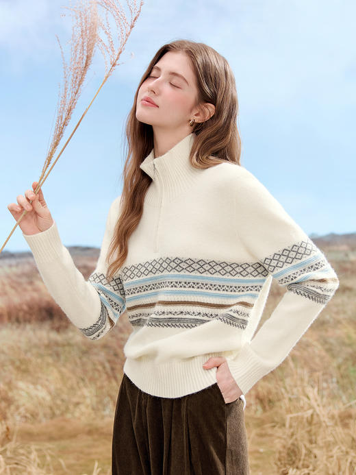 【百图lulu定制】【奶油毛衣】 费尔岛纹毛衣女秋冬经典提花针织衫可翻领柔软毛衫 商品图3