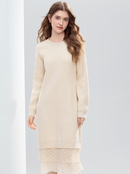 【百图lulu定制】【蕾丝连衣裙】 设计感蕾丝拼接毛衣连衣裙女2025年冬季新款显瘦直筒裙 商品图3