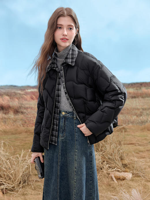 【百图lulu定制】【格子羽绒服】 黑白格子衬衫 假两件 90白鸭绒黑色羽绒服 商品图5