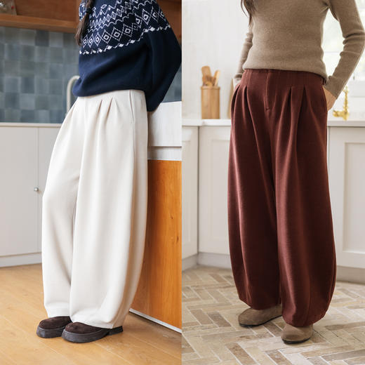 绽放851朵/绒感松弛裤·腰部半松紧对褶阔腿长裤百搭加厚休闲裤 商品图0