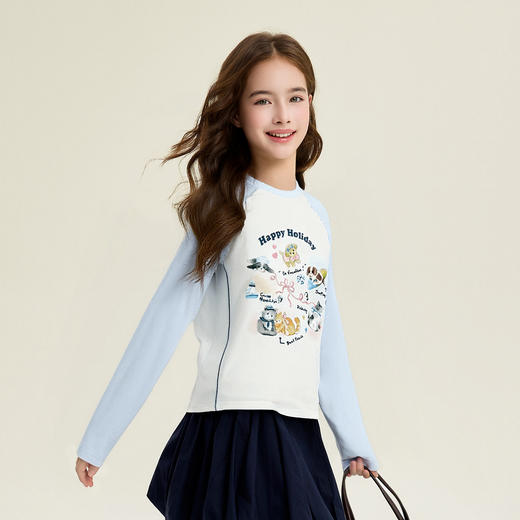 笛莎Deesha 童装女童T恤2026春新款撞色拼接甜美印花T恤 商品图1