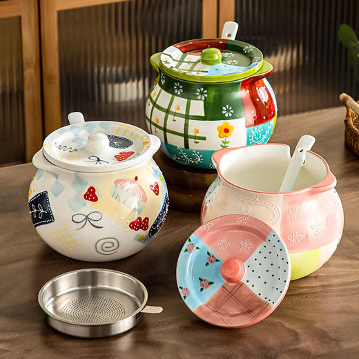 【浮雕手绘猪油罐】陶瓷耐高温双耳防烫食品级厨房调料罐辣椒油大容量带勺家用 商品图2