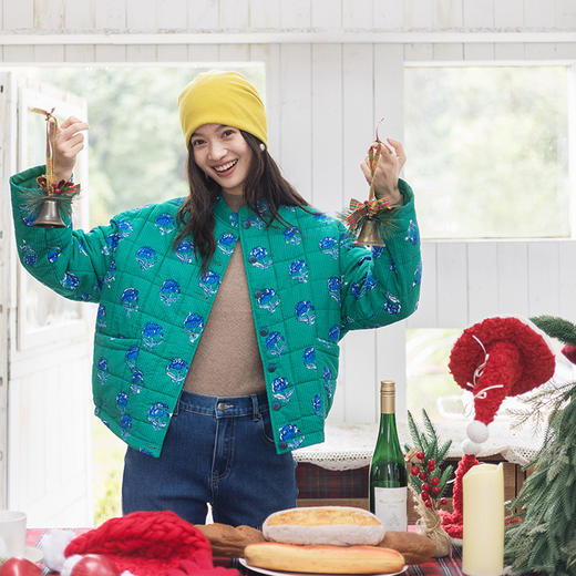 特绽放853朵/暖绿印花方格短棉服·全棉加厚保暖显高短款圆领棉衣 商品图1