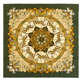 【已售】独角鹿西洋古董1993年法国爱马仕出品Joachim Metz设计《游乐园》主题绿色款丝绸方巾