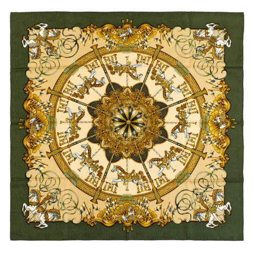 【已售】独角鹿西洋古董1993年法国爱马仕出品Joachim Metz设计《游乐园》主题绿色款丝绸方巾 商品图0