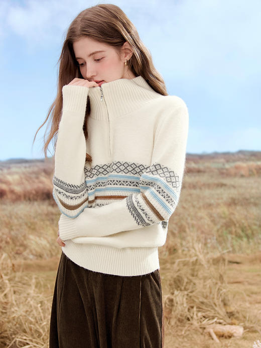 【百图lulu定制】【奶油毛衣】 费尔岛纹毛衣女秋冬经典提花针织衫可翻领柔软毛衫 商品图0