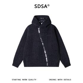 SDSA男士秋冬新款痞帅男装潮牌绒毛线条斜拉链连帽卫衣外套时尚