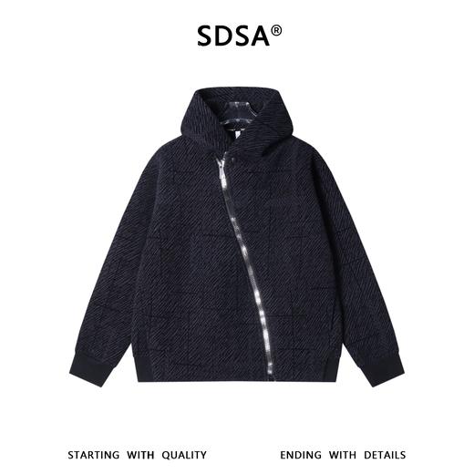 SDSA男士秋冬新款痞帅男装潮牌绒毛线条斜拉链连帽卫衣外套时尚 商品图0