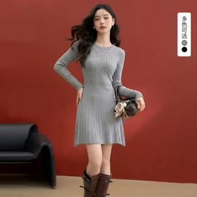 西遇长袖针织连衣裙女秋季新款复古圆领麻花收腰显瘦长裙V0055474/SS051576