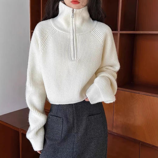 【短款慵懒风小个子毛衣】半拉链高领毛衣女 秋冬针织衫外穿软糯宽松上衣潮  商品图1