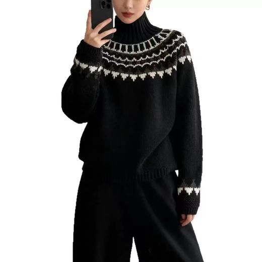 D121627北欧风费尔岛提花高领插肩袖宽松加厚针织毛衣女 商品图4