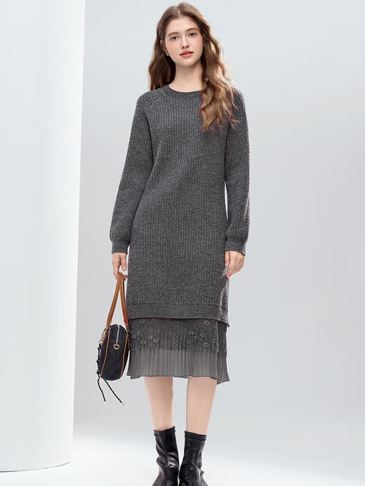 【百图lulu定制】【蕾丝连衣裙】 设计感蕾丝拼接毛衣连衣裙女2025年冬季新款显瘦直筒裙 商品图7