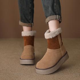 FR 85833保暖羊羔毛雪地靴拼色真皮短靴加绒防滑厚底