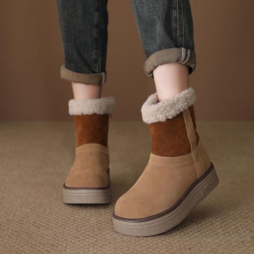 FR 85833保暖羊羔毛雪地靴拼色真皮短靴加绒防滑厚底 商品图0