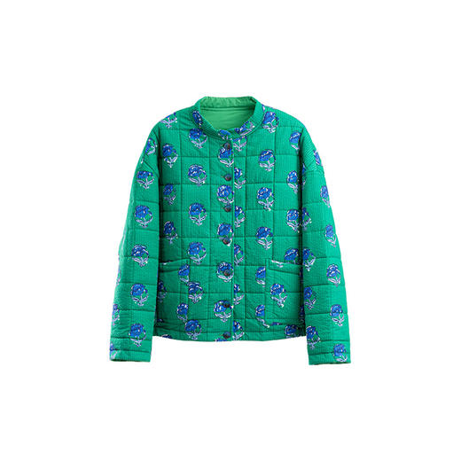 特绽放853朵/暖绿印花方格短棉服·全棉加厚保暖显高短款圆领棉衣 商品图4