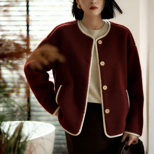 LONGNVFAIR可拆帽车厘子红羊羔绒皮毛一体大衣（3-5天发货） 商品图12