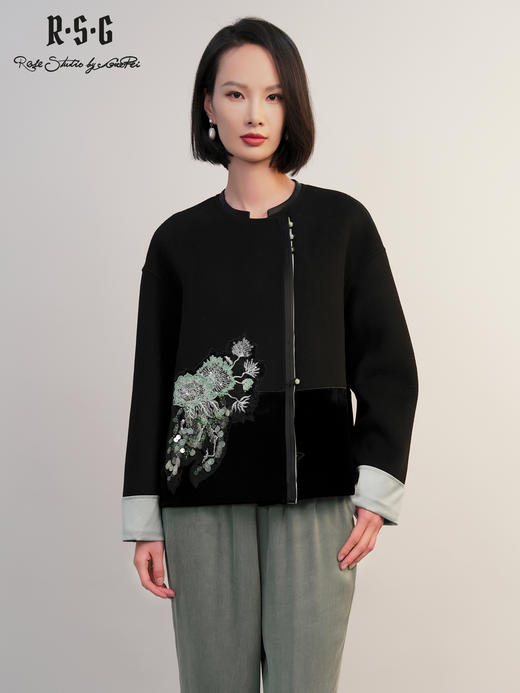 郭培成衣RSG「墨隐青棠」新中式丝绒拼接刺绣短上衣2025秋冬新品 商品图0