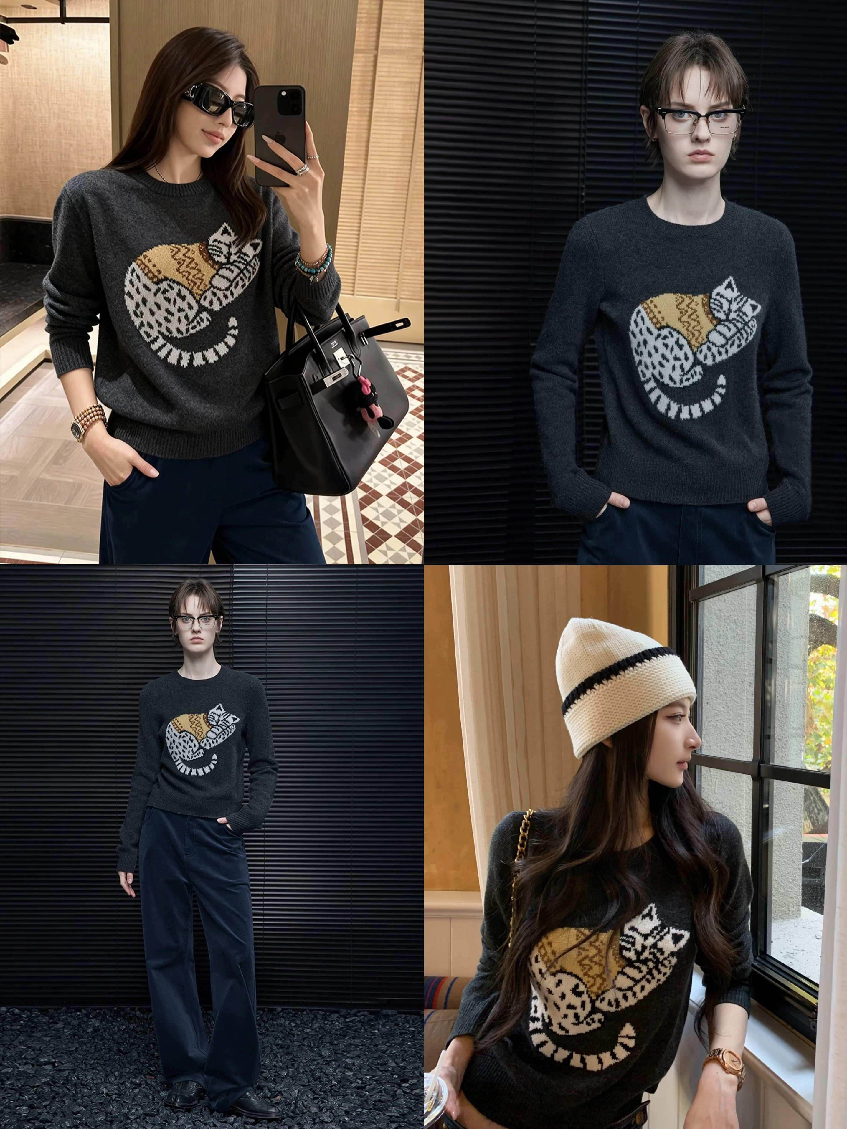 直发【M9162】猫咪提花绵羊毛混纺圆领针织毛衣