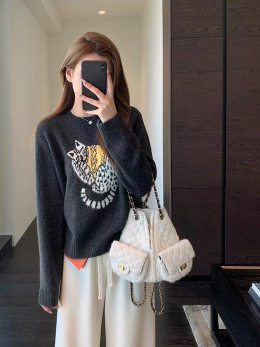 直发【M9162】猫咪提花绵羊毛混纺圆领针织毛衣 商品图4