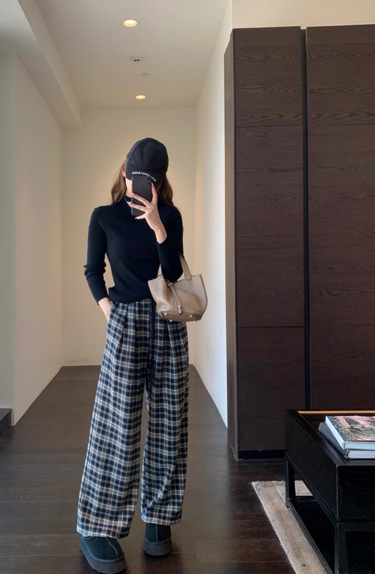 直发【3250】露思格纹裤~ 加绒加厚高腰宽松直筒阔腿