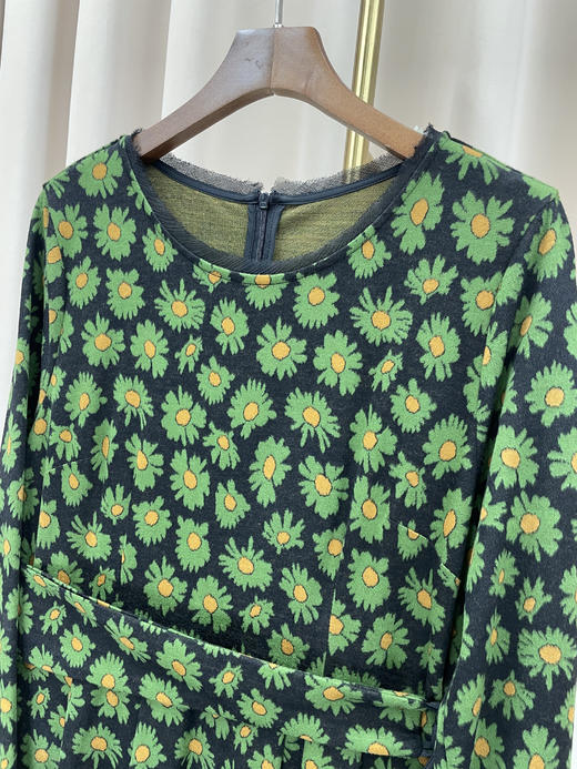 「断码清仓」墨绿碎花法式优雅百搭长袖真丝连衣裙 M码 ZFYY137 商品图1