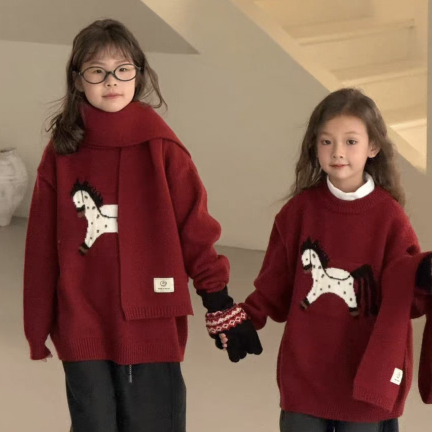 直发【喜慕5307】 新年战袍， 一抹开运红， 儿童小马红毛衣