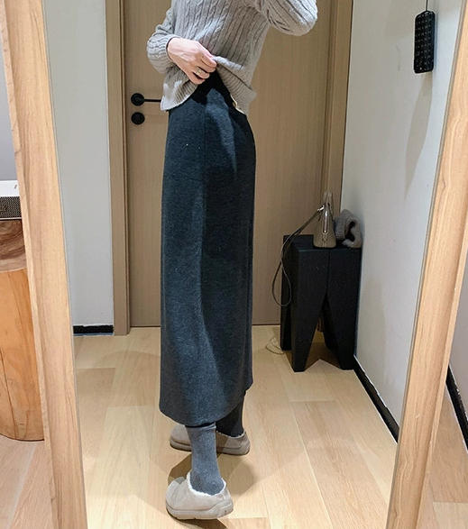 直发【3228】醋酸羊毛~高腰显瘦 毛呢混纺后中开叉半身裙 商品图3