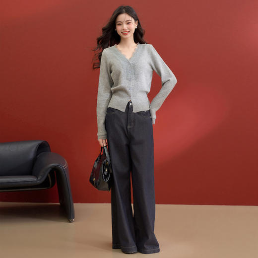 【限时秒杀】西遇韩系针织开衫女2025年秋季新款法式温柔V领蕾丝短款毛衣外套V0055475/SS051620 商品图1