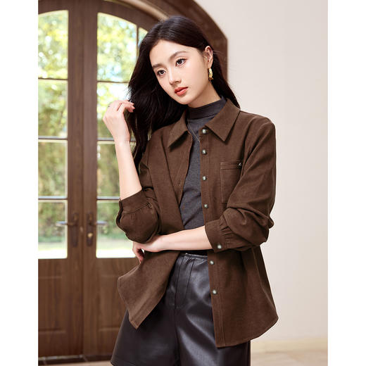【年货节】熙世界法式复古酒红色磨毛衬衫女秋冬2025年新款叠穿长袖衬衣外套 商品图3
