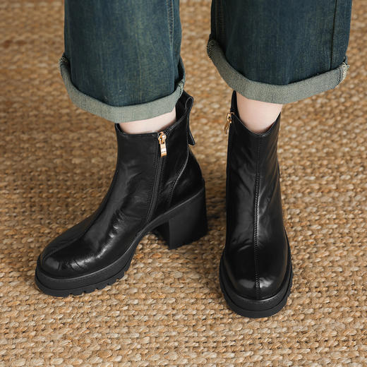 阿么手工女鞋厚底防水台冬季加绒保暖短靴女新款复古时装靴子8CM 商品图3