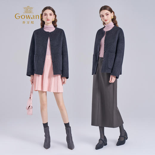 乔万尼2025冬新品软糯真丝驼绒双面呢羊毛短款无领高级感毛呢大衣ED4B745 商品图3
