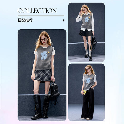 三彩2026春季新款针织马甲花朵圆领无袖毛衫宽松叠穿M 商品图1