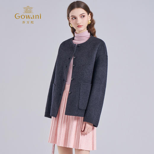 乔万尼2025冬新品软糯真丝驼绒双面呢羊毛短款无领高级感毛呢大衣ED4B745 商品图1
