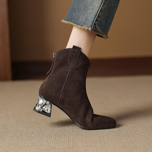 【预售5天】粗跟短靴新款圆头中跟黑色加绒磨砂翻毛皮裸靴3008 商品图2