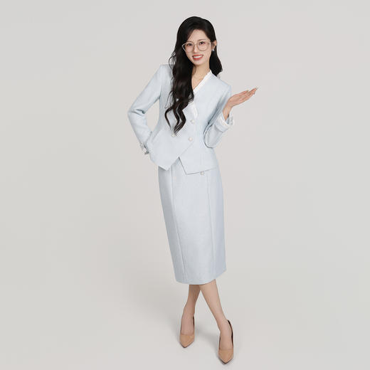 法小曼蓝色清新艺考主持人西装半裙套装女小香风优雅职业正装套裙 商品图4