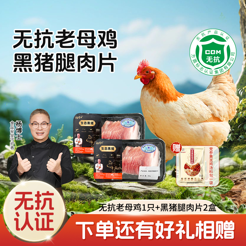 【杨博士自营 家常滋补双赠】1只无抗老母鸡+2盒黑猪腿肉片+赠1袋党参黄芪鸡汤包