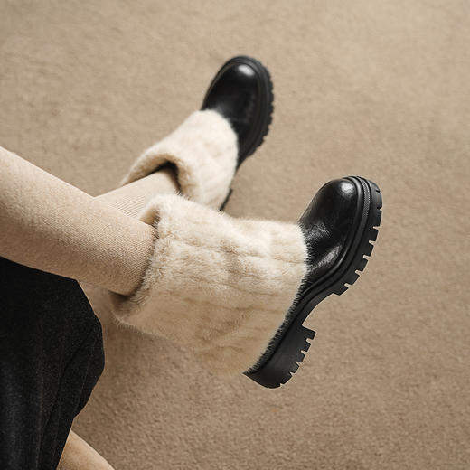 阿么手工女鞋厚底加绒毛毛靴短筒女真皮洋气裤管靴冬季小短靴5CM 商品图1