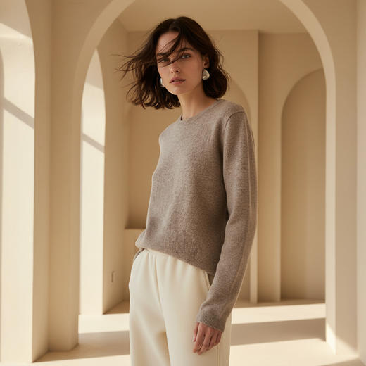 Famecoco范可儿休闲印花套头毛衫宽松简约山羊绒打底衫FAD8DB122 商品图1