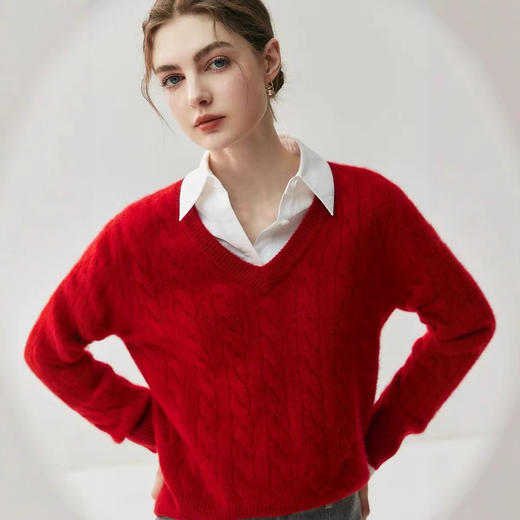 「高货qj」全新升级【铂金会员487/天猫659/差价172】(03544)洛诗琳复古麻花V领羊绒衫2025秋冬气质显瘦套头针织毛衣女qj03544 商品图0