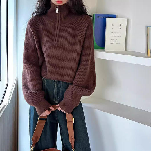 【韩系！高奢短款针织衫】半拉链纯色立领短款针织衫 上衣毛衣 女秋冬新款外套  洋气立领拉链毛衣 商品图7