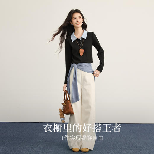 【12/17新品】熙世界MUI系撞色POLO领针织衫女2025秋冬新款内搭显瘦打底衫上衣 商品图2