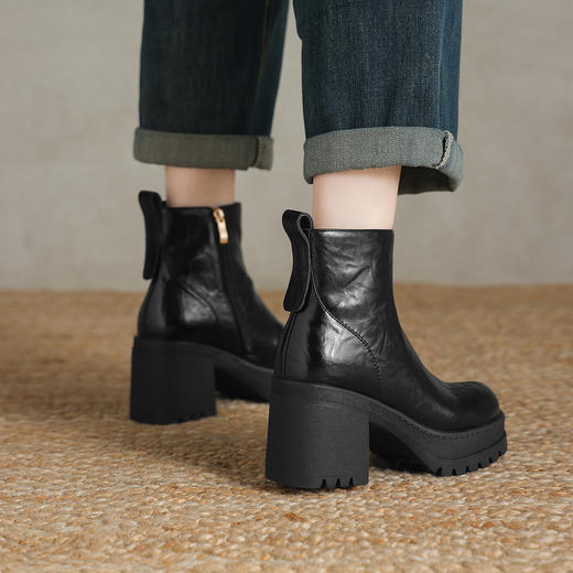 阿么手工女鞋厚底防水台冬季加绒保暖短靴女新款复古时装靴子8CM 商品图2