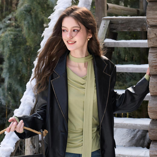 三彩独醒2026春季新款荡领T恤休闲长袖修身飘带上衣套头纯色F 商品图2