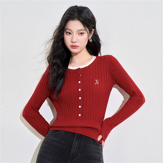 西遇长袖短款毛针织衫女新款修身弹力显瘦假两件毛衣D3642438 商品图6