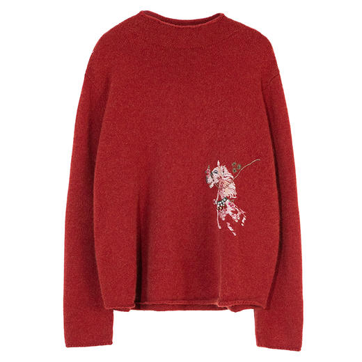 牧衣游原创UPW精工手绣羊绒混织套头衫蓬松保暖红色新年毛衣 琴心 商品图4